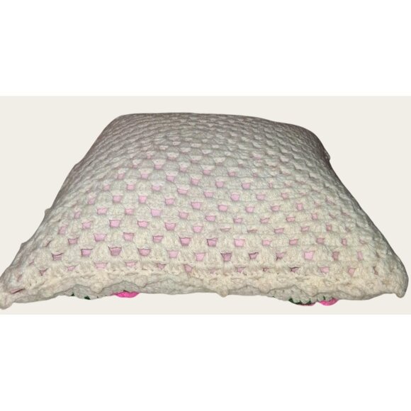 Vintage Handmade Crochet Pillow With Pink Roses 16x16 - Picture 8 of 10